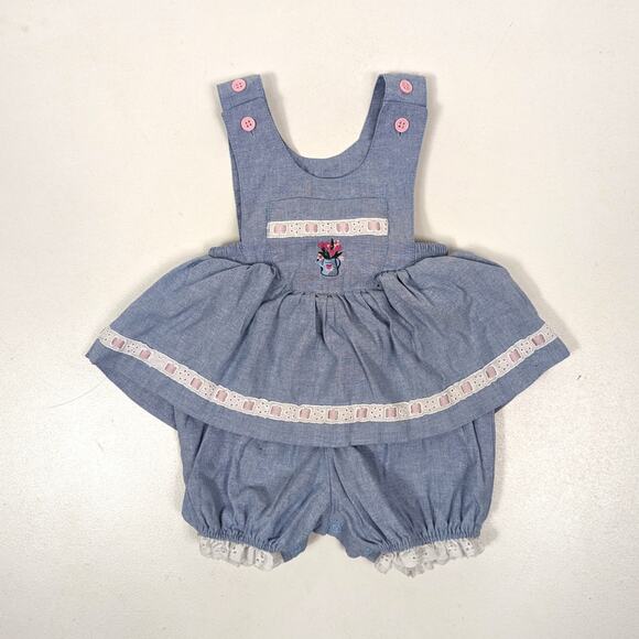 Vintage Bubble Outfit Baby Girls Size 3-6m Chambray Blue Flower Skirt Romper - Picture 1 of 5